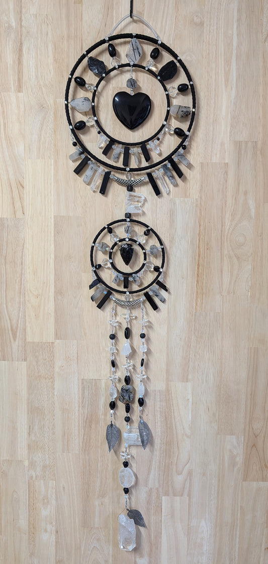 XXL Obsidian Heart / Arrow/ Tourmaline / Clear Quartz Mandala Hanger app 60cm