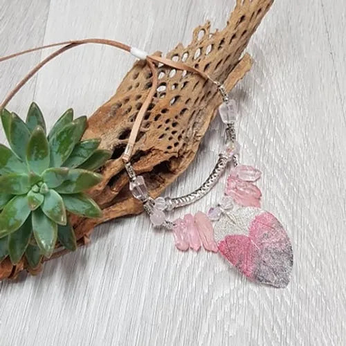 Painted Leaf / Rose quartz / Clear Quartz Crystal Necklace