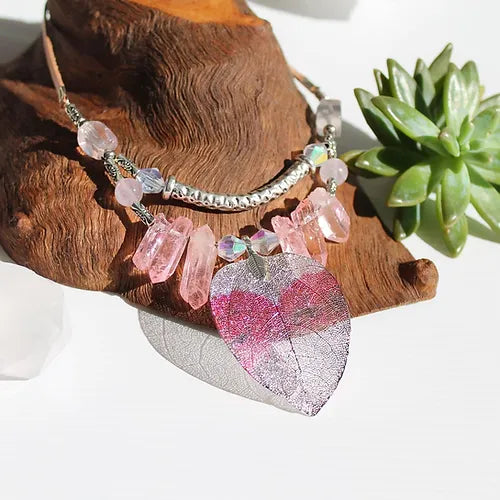 Painted Leaf / Rose quartz / Clear Quartz Crystal Necklace