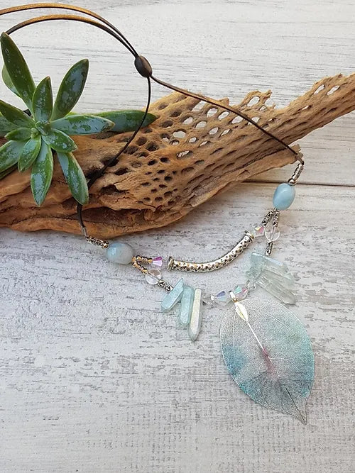 Aqua Painted Leaf / Amazonite / Crystal Necklace