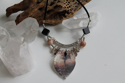 Hand Painted Leaf / Smokey Quartz / Peach Moonstone / Black Agate Crystal Necklace