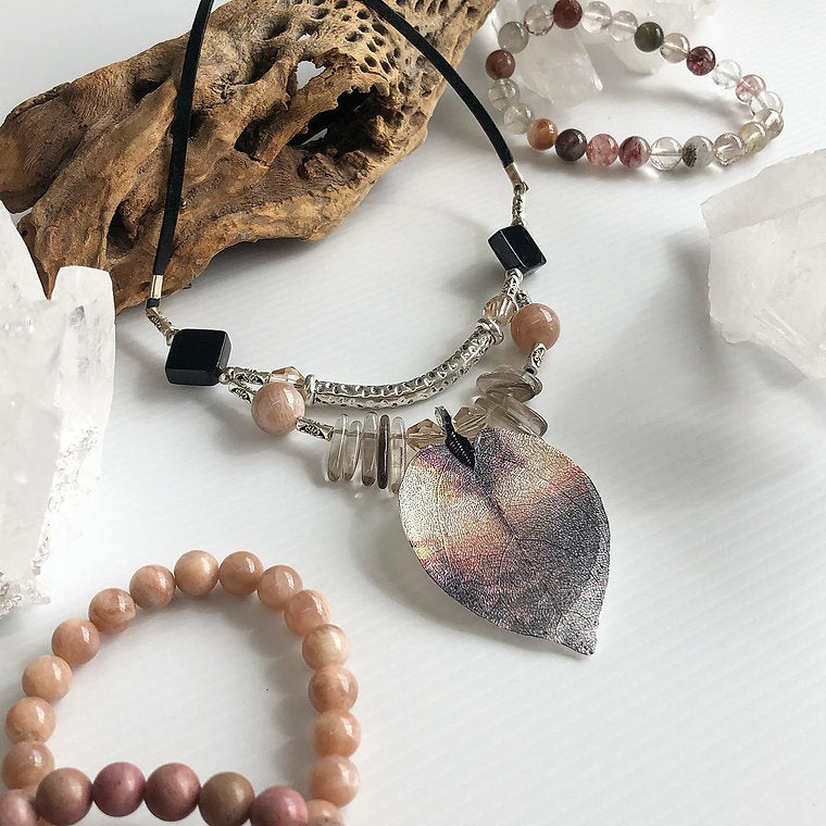 Hand Painted Leaf / Smokey Quartz / Peach Moonstone / Black Agate Crystal Necklace