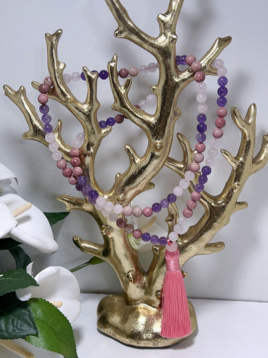 Rose Quartz-Amethyst-rhodochrosite Mala Beads with Pink  Tassel