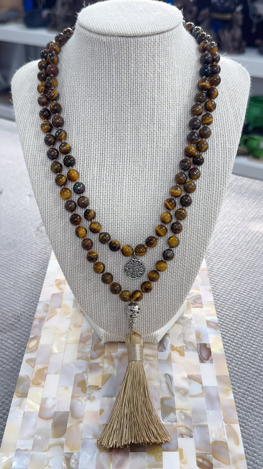 Tigers Eye Mala Beads with tree of life bead