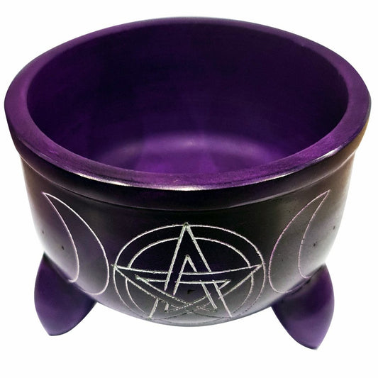 Purple Triple Moon Cauldron Soapstone Charcoal Incense Burner