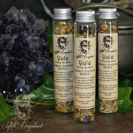 Yule Sabbat Incense blend in a glass tube